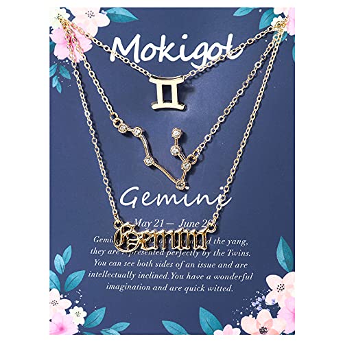 3Pcs Gemini Zodiac Gold Layered Necklaces for Women, 12 Constellation Retro Gold Plated Pendant Necklace with Astrology Old English Zodiac Sign Necklace for Girls Birthday,Anniversary,Valentine's Day,Mother's Day Jewelry Gift (Gemini-Gold)