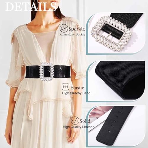 Yalice Rhinestone Dress Belt Black Wide Elastic Waist Belts for Women Sparkle Thick Stretchy Belts4