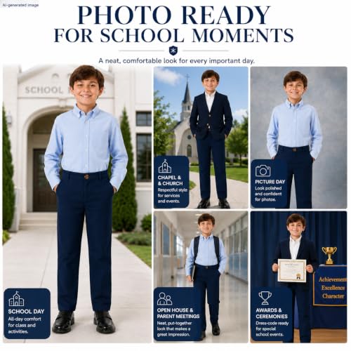 Image of Bienzoe Boys School Uniform Pants: Adjustable Waist Flat Front | Students Ages 6-13, Classroom Days, Picture Day, Awards, Open House, Chapel, Family Events, Lean-To-Regular Builds, Neat Look