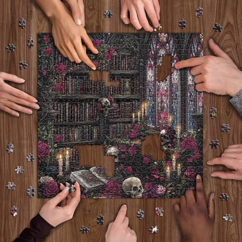 Rompecabezas Vintage de Halloween de 1000 piezas para adultos, rompecabezas gótico de cráneo, estantería de libros y flores, estilo biblioteca oscura miniatura 2
