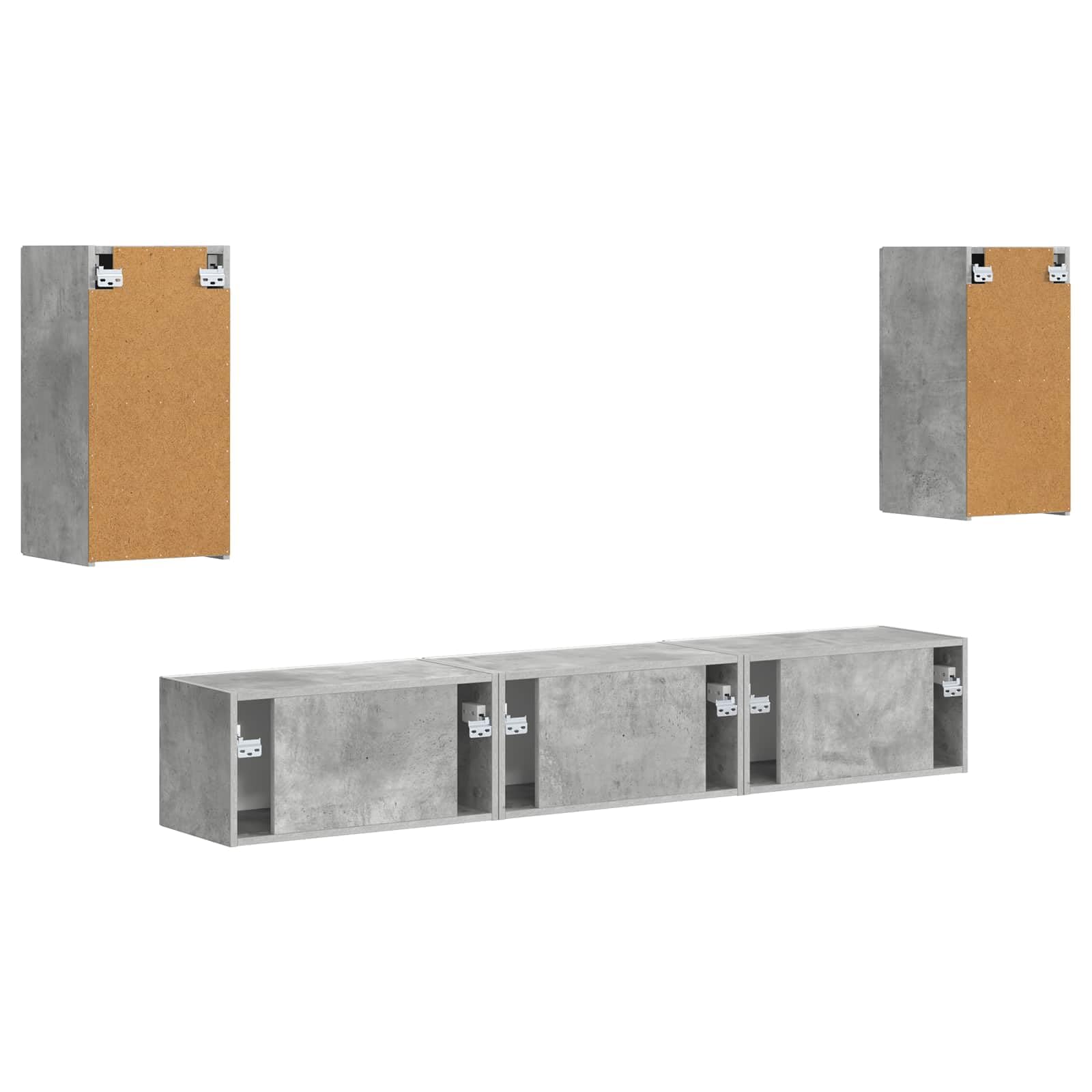 TV-Schrankset Wandmontiert 5-teilig, Beton Grau Holzwerkstoff, Modernes Media Center für Wohnzimmer, Elegante Aufbewahrungslösung