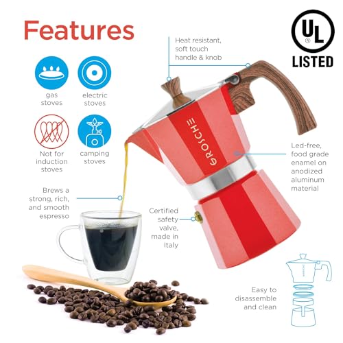 Image of GROSCHE Milano Stovetop Espresso Maker Moka Pot 6 espresso Cup, 9.3 oz, Red - Cuban Coffee Maker Stove top coffee maker Moka Italian espresso greca coffee maker brewer percolator
