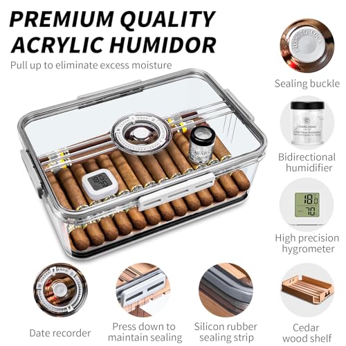 Image of Cigar Humidor Clear Acrylic Humidor Spanish Cedar Plank Cigar Case Box Plastic Portable Airtight Container Holds 20-30 Cigars with Hygrometer and Humidifier(Small)