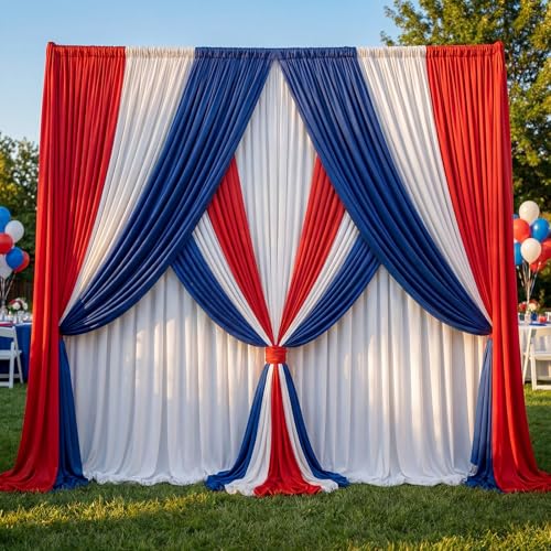 HunnmingRe 6 Pcs 4th of July Backdrop 2.5 x 10 ft Red White and Blue Backdrop Curtains Decorations Patriotic Background for 250th Anniversary Independence Memorial Day Outdoor Party Decor