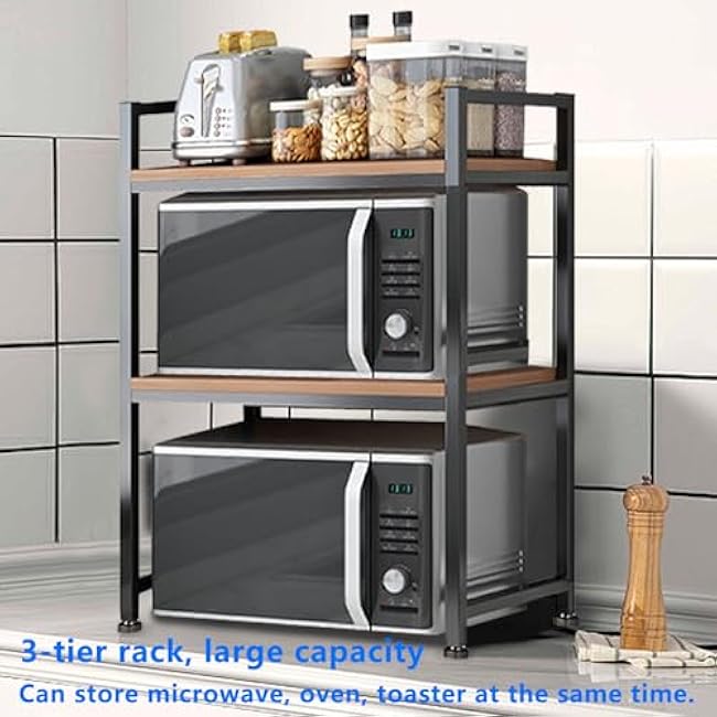 Microwave Stand, Heavy Duty 3 Tier Microwave Shelf for Kitchen Shelving Countertop Organizer. Carbon Steel, Wood Panel, Sturdy and Not Shaking Kitchen Rack That Can Withstand 200 Lbs Weight