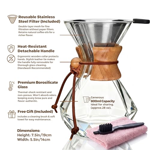 Image of AGOGO Pour Over Coffee Maker Set, 28oz Diamond Style, 304 Stainless Filter | Barista kit for home kitchen, Cafe, Camping & Office; 20oz-40oz Classic, Slim, Diamond styles; Includes brush & towel.
