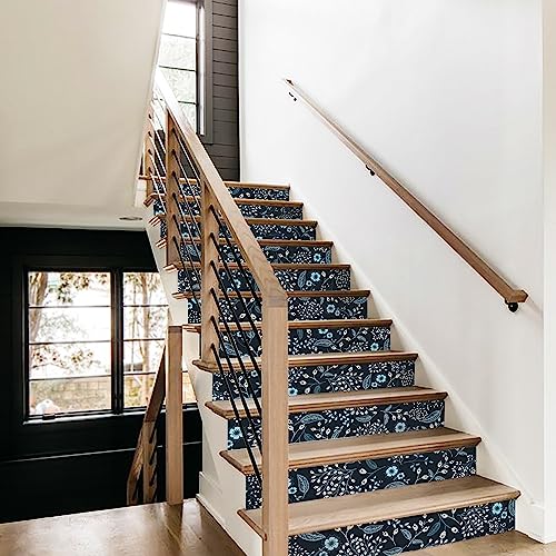 Flortlias 15Pcs Peel and Stick Stair Riser Decals Vinyl Floral Stair Sticker Leather Textured Wallpaper, Blue Vintage Eden Floral, 39.37"x7.09"