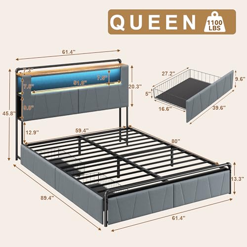 Image of Queen Bed Frame with 3 Tiers Storage Headboard, Upholstered Footboard, 2 Drawers, Platform Metal Bed Frame with Charging Station LED Light Bed Frame, Heavy Duty, No Box Spring Needed, Dark Gray