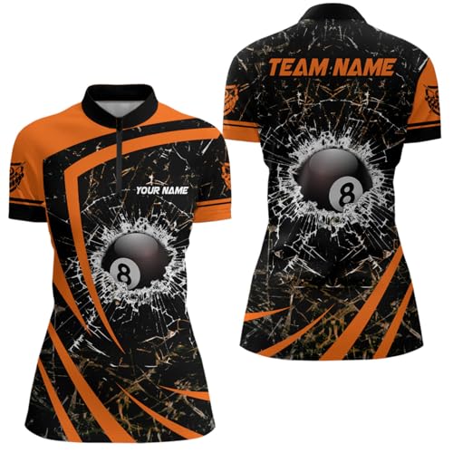 Personalized Orange Glass Break 8 Ball Billiard 3D Quarter Zip Shirts for Women 8 Ball Pool Jerseys V0975