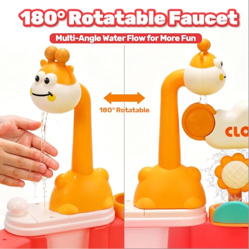 Image of HOLYFUN Play Kitchen Sink with Running Water, Water Table Toy, Sink Toy with Functional Faucet, Play Food, Pots & Pans Kitchen Accessories, Realistic Pretend Play Gift Set for Toddlers and Kids (Pink)