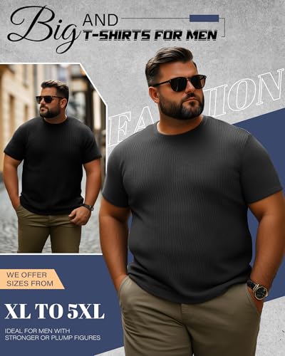 4 Pack Men's Big and Tall T Shirts Short Sleeve Crewneck Ribbed Knit Tops Basic Slim Fit Muscle Tee Shirts3