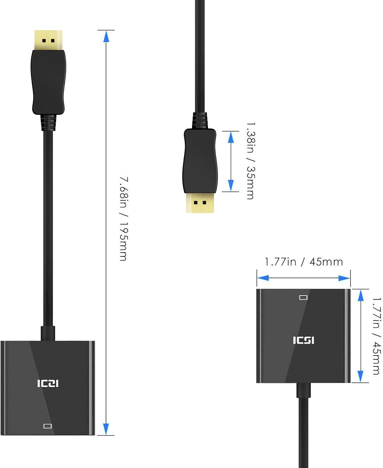 ICZI Adaptateur DisplayPort vers VGA 1080P,Convertisseur DP Mâle vers VGA Femelle Full HD Noir pour PC,TV,Ecran,Projecteur