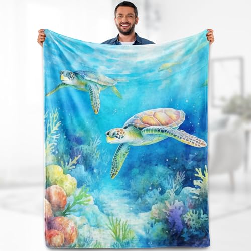 Sea Turtle Blanket Gifts for Women - Ocean Themed Nautical Landscape Throw for Kids Adults Men Bedroom Living Room Decor Soft Fuzzy Fleece Plush Birthday Christmas Lightweight Blanket 50"x60"