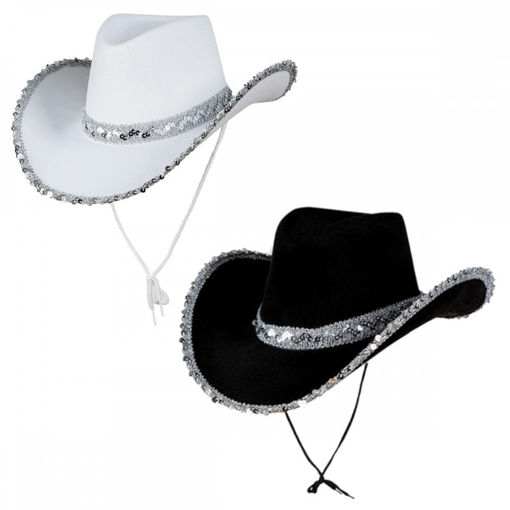 Titch & Timbo 2 Pack Cowgirl Hats (Multiple Options) : Adult Ladies Womens Western Wild West Hen Night Music Festival Barn Dance Rodeo Fancy Dress Cowboy Costume Accessories (Sequin, Black,White)