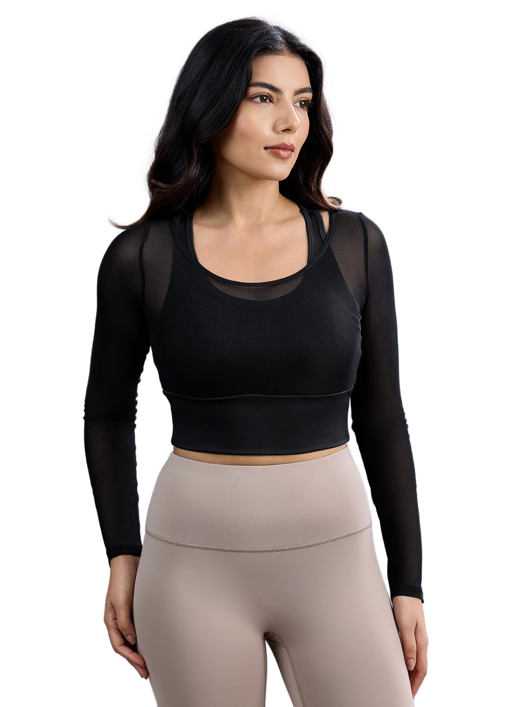 Aura Mesh Sleeve Padded Crop Top for Women, Built-in Bra Yoga Top with Breathable Mesh Panels, Moisture Wicking Gym Shirt-image-22