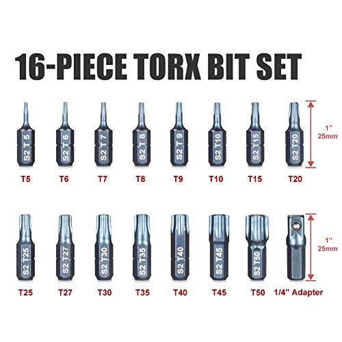 Arucmin 16-Piece Security Torx Bit Set T5-T50, Tamper Resistant Star Bits Set S2 Steel With A 1/4" Adaptor #TOP1
