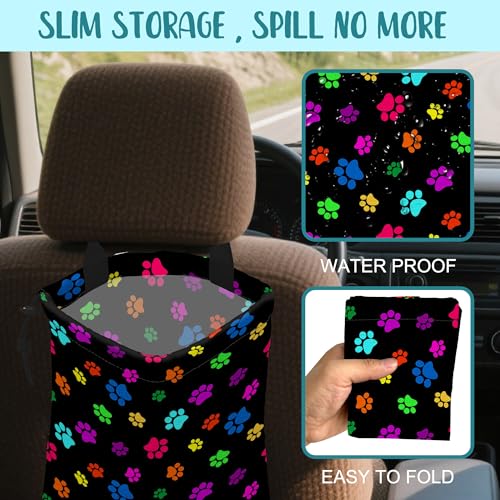 Image of Car Garbage Bag Colorful Paw Prints Hanging Canvas Car Trash Bag Waterproof Drawstring Car Back Seat Organizer for Car Back Front Seat Console with Adjustable Buckle