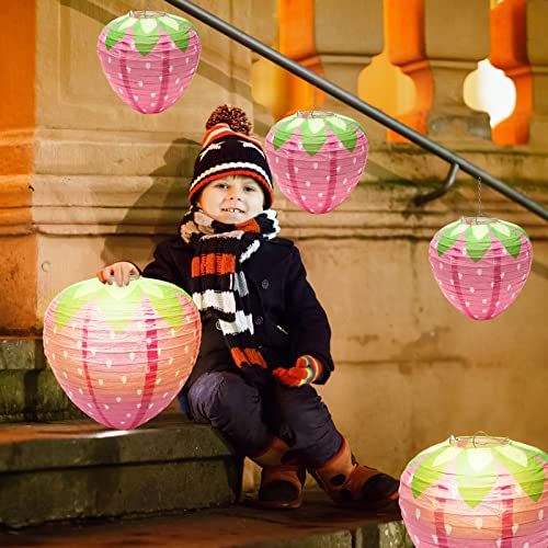 Image of Windspeed Strawberry Paper Lanterns, 8Pcs Hanging Ornament, 3D Strawberry Decoration for Birthday Party Decorations, 8 inch, 12 inch (Pink)