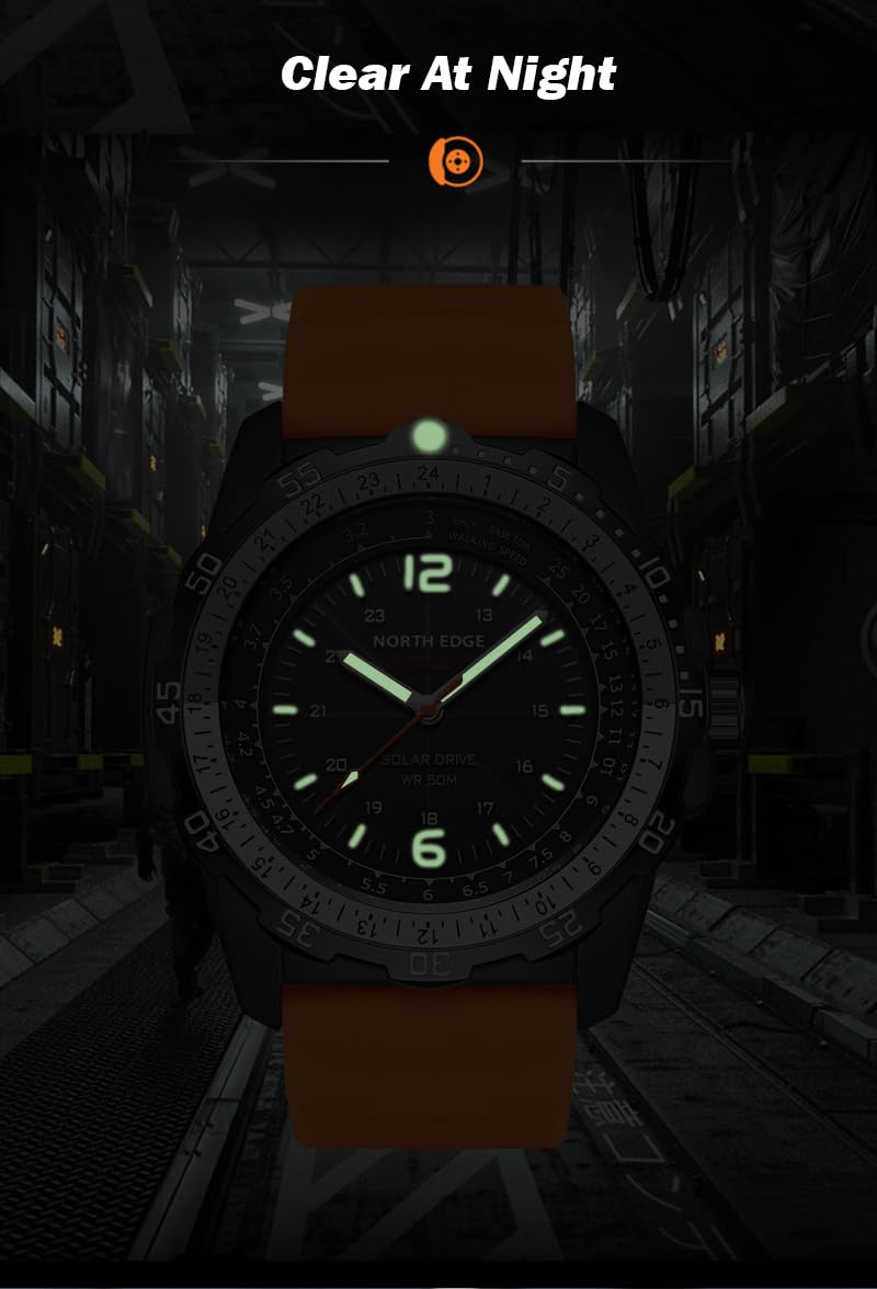 NORTH EDGE Montre Solaire Homme Aviation, Étanche 50M, Cadran Phosphorescent, Bracelet Silicone (46 mm)