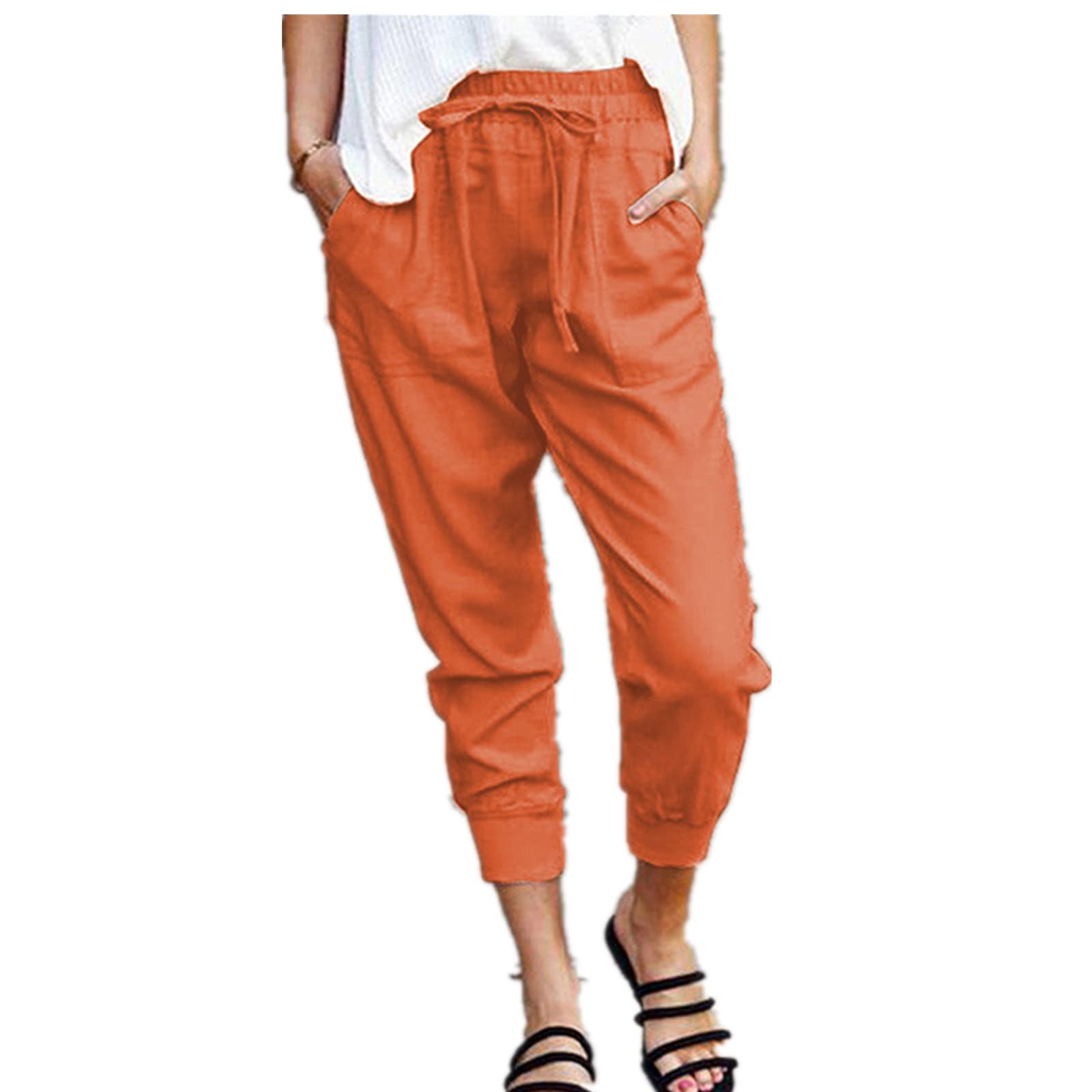 ANBID Ordinary Straight Pants Work Pants Womens Elastic Business Office Casual Pants with Pockets Orange 3XL