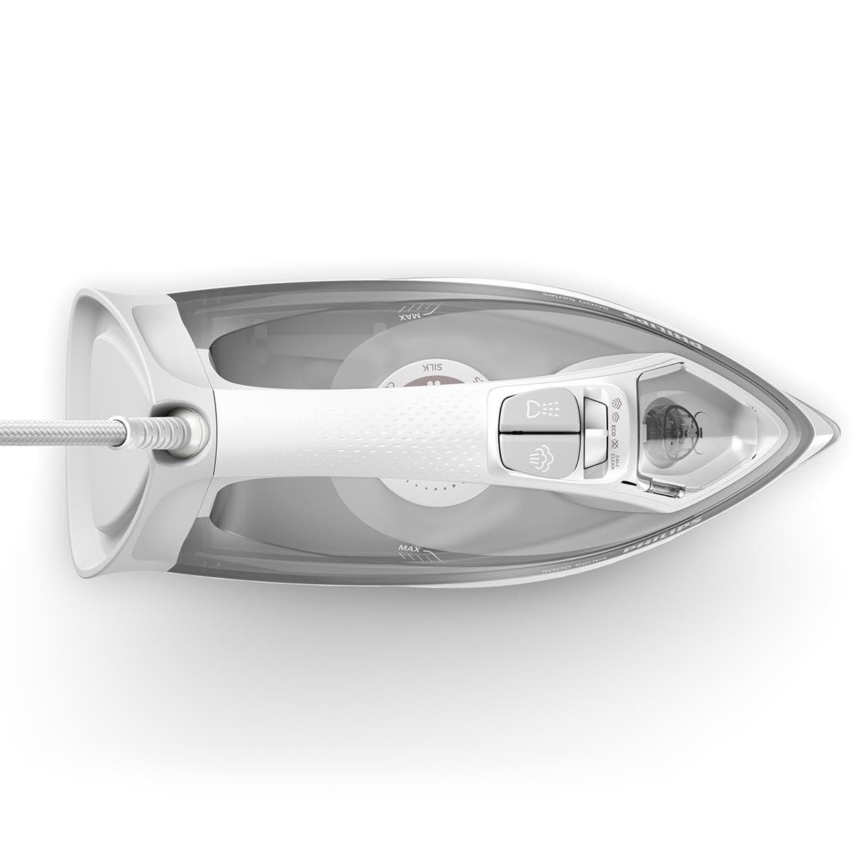 Philips Żelazko Parowe z serii 5000-2400W, Strumień pary 40g/min, Silne uderzenie pary 160g, Pionowy strumień pary, Stopa żelazka SteamGlide Plus, Białe/Szare (DST5010/10)