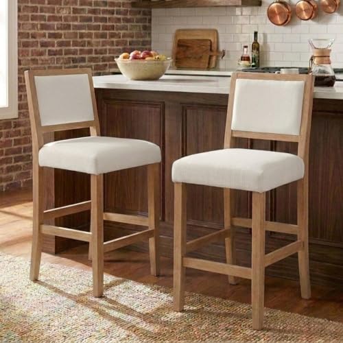 Butacos de altura para barra de 26 pulgadas, juego de 4 unidades en color beige con respaldo, asiento tapizado en lino y estructura de madera sólida para pub en casa, isla de cocina o barra desayunadora miniatura 3
