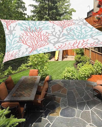 Red Coral Sun Sail Shades Rectangle Canopy,Sunlight Block Heavy Duty Curved Backyard Shade Cover,Waterproof Sun Shades for Patios Garden Outdoor,6.5'x10' Coastal Ocean Teal Grey White Sea Watercolor