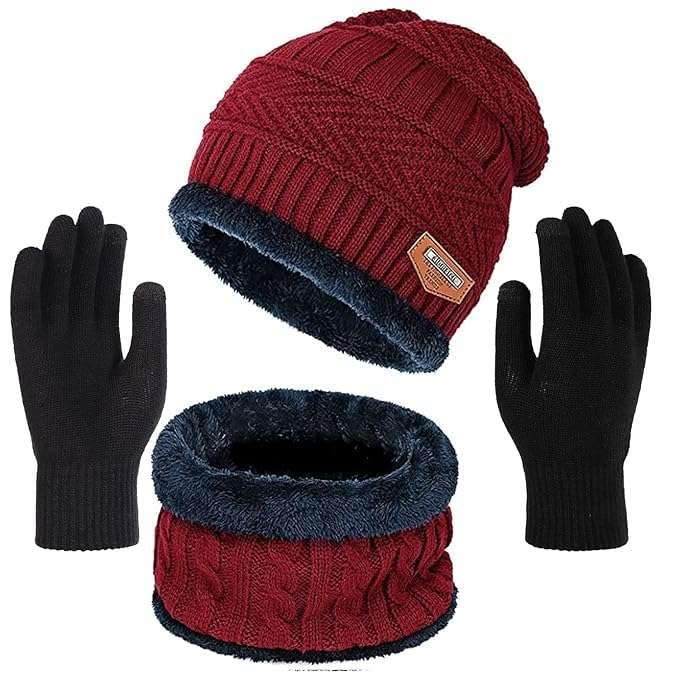Cozy Woolen Beanie Cap, Muffler & Gloves Set for Men & Women - Warm Winter Essentials, Soft & Comfortable, Perfect for Cold Weather, Stylish Skull Caps, Head Covers & Winter Gloves