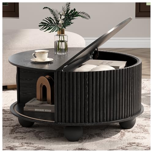 Image of JOINICE 31.5 inch Round Coffee Table with Storage,Unique Bun Feet,Black | Modern Center Table for Living Room,Hidden Storage,Fluted Sliding Door,Solid Wood Legs,Easy Assembly,Up to 110 lbs