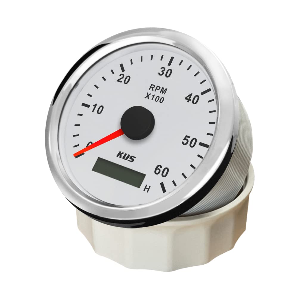 KUS Drehzahlmesser Drehzahlmesser mit Betriebsstundenzähler 6000RPM 85 mm 12V/24V mit Hintergrundbeleuchtung (weiß)