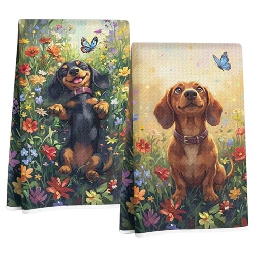 Image of 2 Pcs Cute Dachshund Floral Kitchen Towels 24x14 Inch, Floral Dachshund Gifts Reusable Dish Towels for Kitchen Bathroom Decor, Waffle Weave Absorbent Tea Towel, Weiner Dog Gifts for Women Mom Friend
