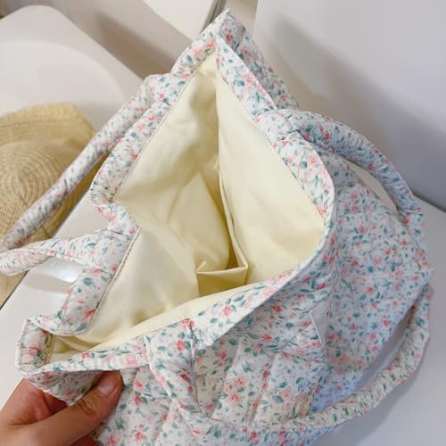 Image of Floral Quilted Cotton Shoulder Bag for Women Daily Use Medium Size Handbag Large Capacity Thickened Design Tote
