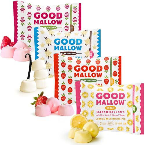 GoodMallow Vegan Marshmallows - Large Kosher Gluten Free Dairy Free Healthy Marshmallows - Natural Gelatin Free for Hot Chocolate, Smores, Baking - Nothing Artificial - Combo Pack of all Flavors