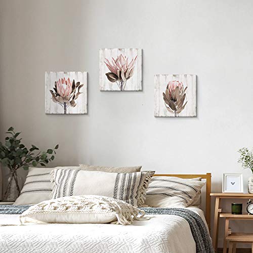 Utop-Art Pink Floral Picture Wall Art: Protea Flowers Artwork Print On Wooden Textured Background Canvas Art For Bathroom (16'' X 16'' X 3 Panels) #TOP3