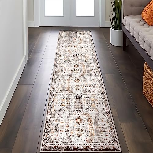 Madane Kitchen Runner Rug - 2x7 Runner Rugs with Rubber Backing Non Slip Vintage Washable Rug Runner Ultra-Thin Throw Carpet Runners for Hallways Bedroom Laundry Room(2'x7', Brown/Gold)