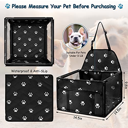 Collapsible Pet Booster Car Seat - 2 Support Bars, Portable Small Dog Cat Car Carrier with Safety Leash and Zipper Storage Pocket (Black with paw Prints)