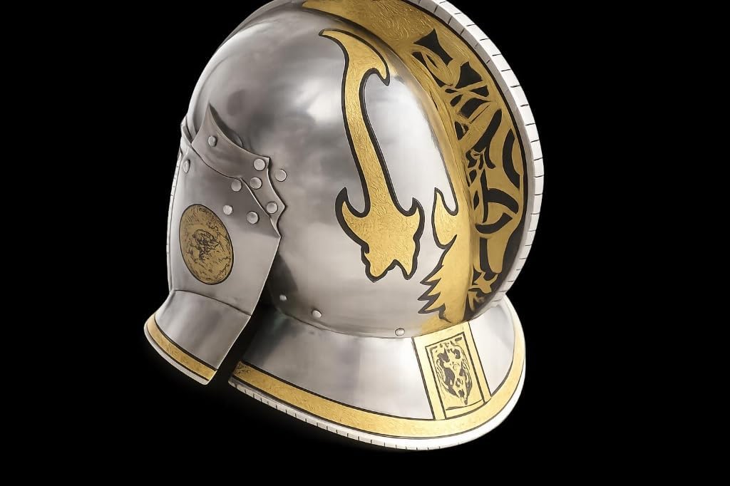 Medieval Knight Burgonet Helmet, Steel, Silver & Gold Finish Engraved Floral Motif, Cosplay, Collectible & Historical Replica