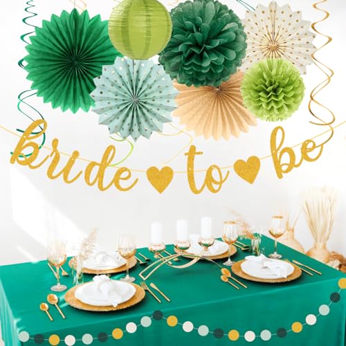 Image of Sage Green Champagne-Gold Bachelorette Party-Decorations - 21pcs Baby Bridal Shower Banner Garland, Bride To Be Paper Streamers Lanterns,flower Tissue Pom Poms Fan,Wedding Backdrop Decor Huglony