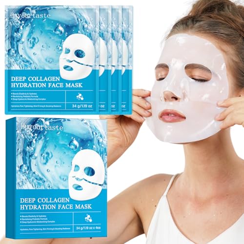 4 Piezas Bio Collagen Real Deep Mask, Mascarilla Facial Colageno, Bio Collagen Deep Hydration Mask, Mascarilla ColáGeno Noche, Hidratante, Antiarrugas, Reducir las Líneas Finas