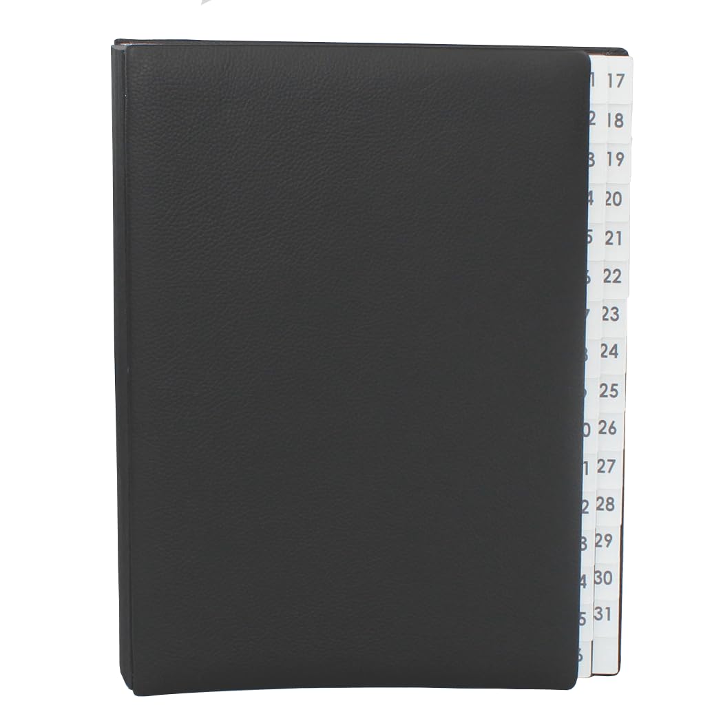 Raccoglitore con registro 1-31, pelle bovina grana nera, adatto per DIN A4, copertina morbida con dorso elastico, divisori in cartone nero con fori di visualizzazione
