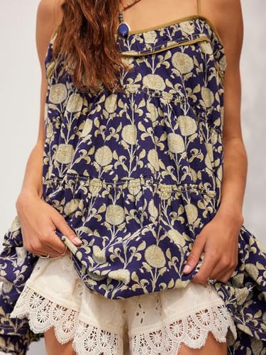 Image of Women Boho Mini Dress Adjustable Spaghetti Strap Sundress Floral Short Flowy Casual Summer Loose Babydoll Dresses