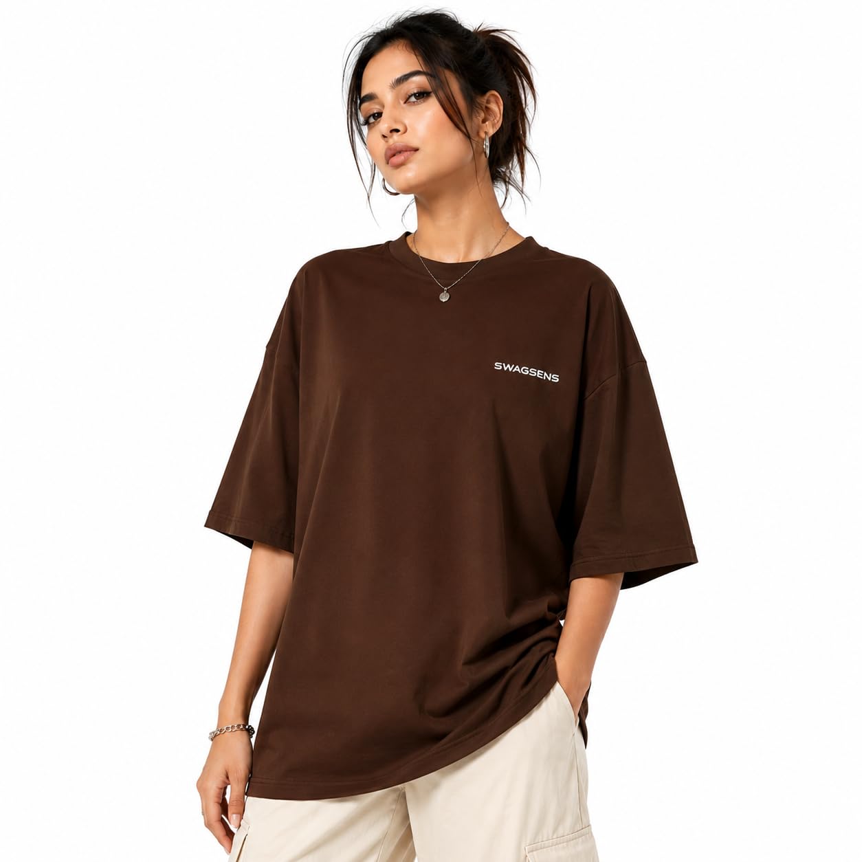 swagsens Women Oversized T-Shirt 220 GSM Premium Cotton Loose Fit Drop Shoulder Streetwear Half Sleeve Round Neck Casual Tee-picture-29