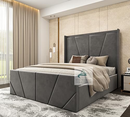 Image of Statement Home Decor Winged Bed Frame, Ottoman Storage Bed Frame, Plush Velvet Beds Frame, Double Bed with Storage (Steel Plush Velvet, 5FT KING)