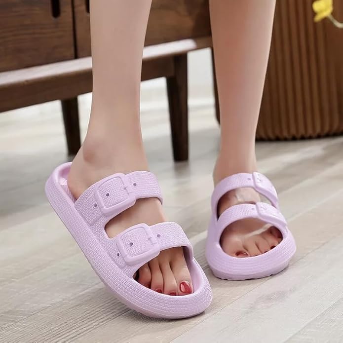 Image of Women Adjustable Open Toe Slide Sandals Classic Ultra Soft EVA Footbed Summer Designed to Fit Flat Buckle Sliders for Women & Girls