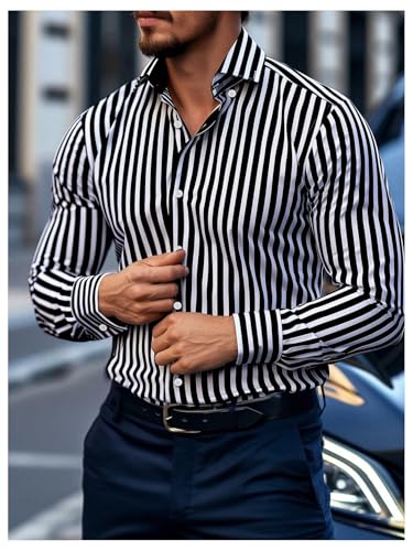 GORGLITTER Men's Striped Button Down Shirt Long Sleeve Collared Office Work Tops Streetwear3