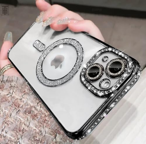 Image of Cute Compatible with iPhone 13 Diamond Glitter Case,Luxury Bling Rhinestone Soft Clear TPU Bumper Case,Compatible with MagSfe and Camera Lens Protection Cover for Women Girls (Black)