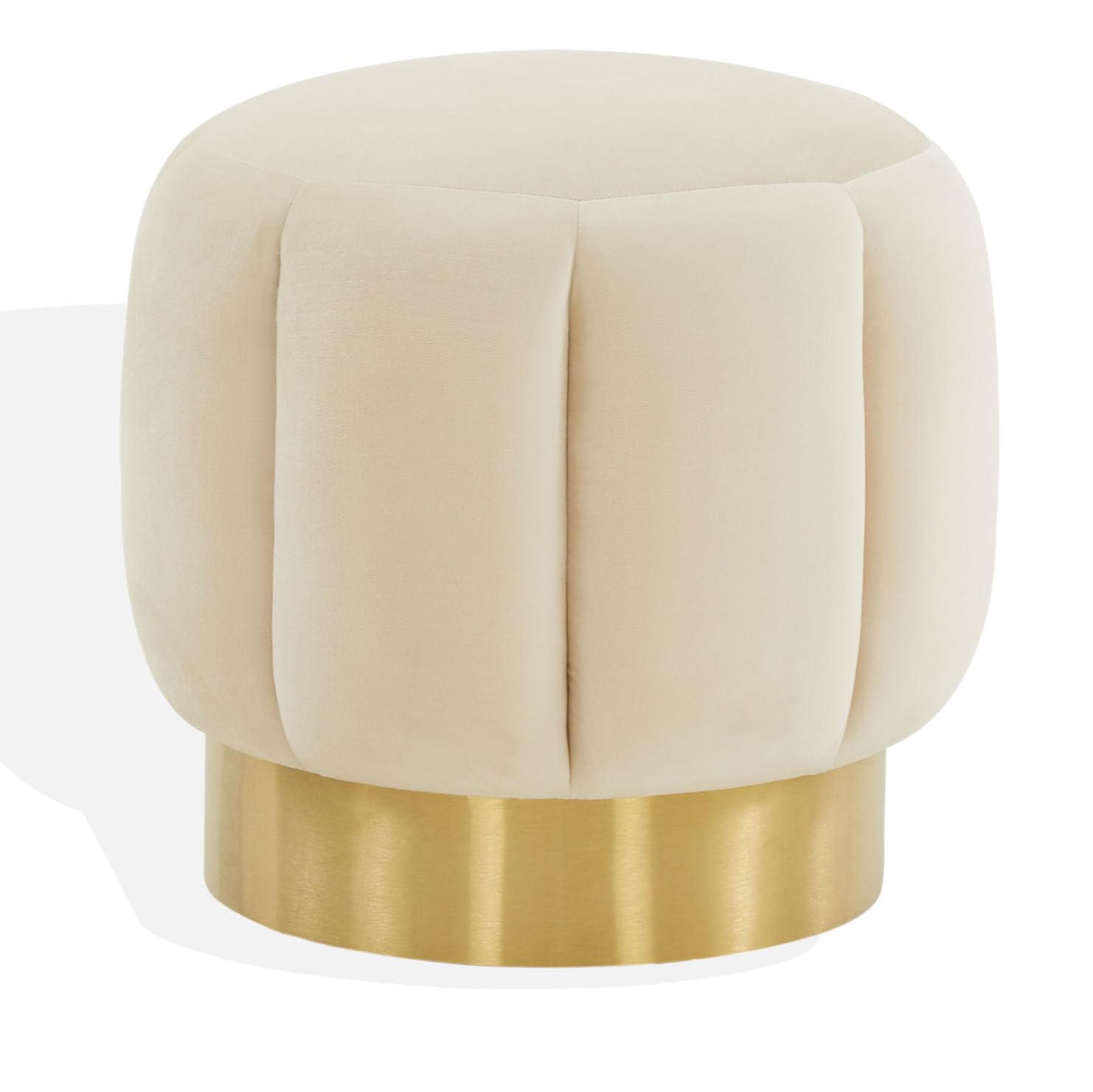 SAFAVIEH Couture Collection Maxine Glam Cream Velvet/Gold Channel Tufted Upholstered Round Ottoman for Living Room Bedroom Vanity Foot Stool (Fully