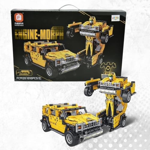 Funfy 1010 Pièces Jouet de Blocs de Construction 2-en-1 Voiture à Friction et Transformer | Jaune | Plastique ABS | Cette Voiture Déformable Devient Une Figurine Transformer