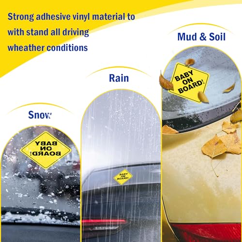 Image of Baby On Board Stickers for Cars 4Pack - 5 inchx5 inch High Visibility Reflective, See-Through & Waterproof, Strong Adhesive Car Window Decals for Safety, Essential Baby in Car Accessories for Parents