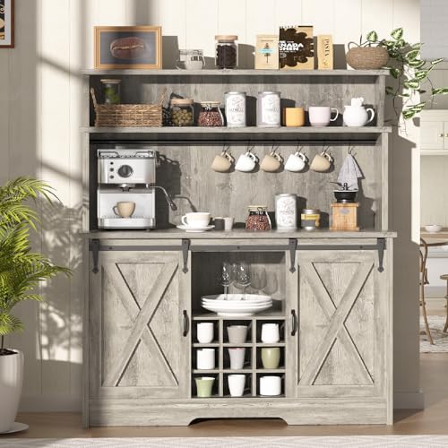 Farmhouse-Coffee-Bar-Cabinet-with-3-Tier-Storage-Hutch-47-Coffee-Bar-Station-with-Sliding-Barn-Door-Hutch-Storage-Cabinet-with-9-Wine-Racks-9-Hooks-for-Kitchen-Dining-Living-Room Farmhouse Coffee Bar Cabinet with 3 Tier Storage Hutch 47 Coffee Bar Station with Sliding Barn Door Hutch Storage Cabinet with 9 Wine Racks 9 Hooks for Kitchen Dining Living Room